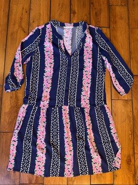 Southern Tide Navy Blue Floral Stripe Mini Dress